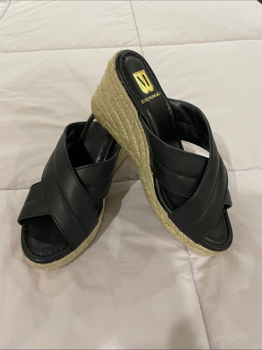 Bruno Magli Black Leather Crossover Espadrille Wedge Slides